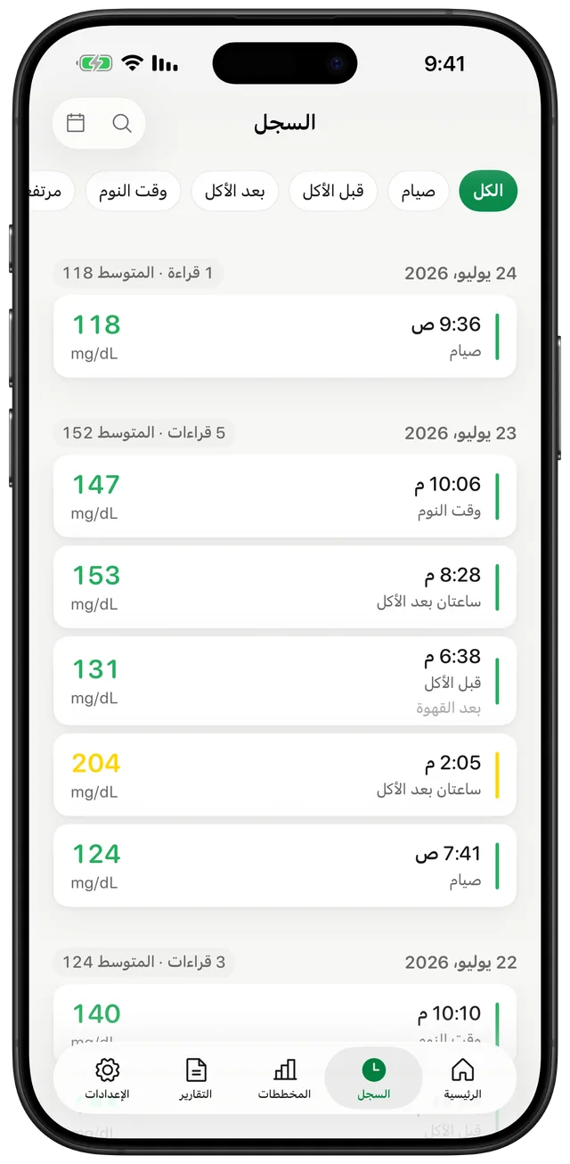 شاشة سجل Gludiary تعرض القراءات مجمّعة حسب التاريخ مع الأوقات وتصنيفات سياق الوجبة مثل صائم وقبل الأكل بوحدة mg/dL