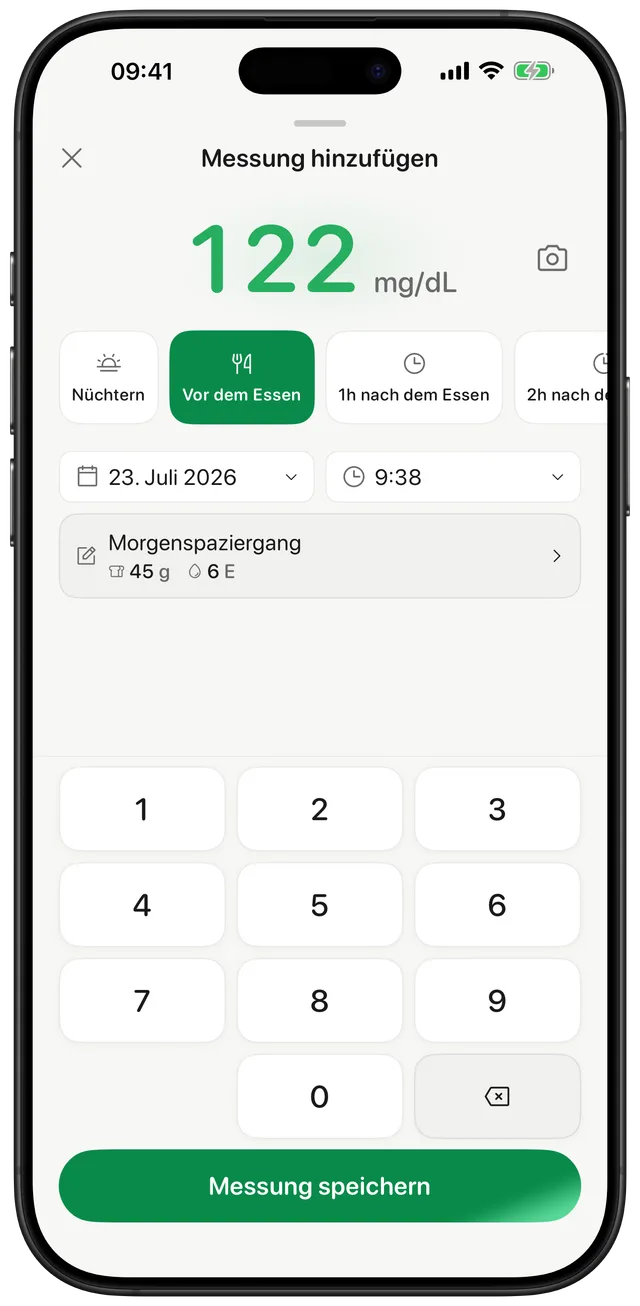 Gludiary-Eingabebildschirm mit großem Ziffernblock für die manuelle Eingabe, einer Kamera-Verknüpfung zum Scannen, Mahlzeiten-Tag-Chips, Datum- und Uhrzeit-Wählern sowie einem Notizfeld mit Symbolen für Kohlenhydrate und Insulin