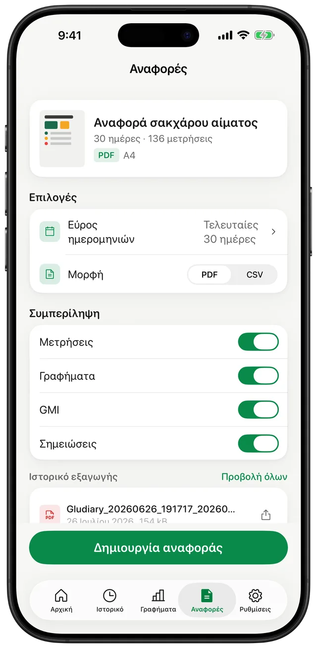 Οθόνη αναφορών Gludiary με Αναφορά Σακχάρου 30 ημερών, επιλογή εύρους ημερομηνιών, εναλλαγή μορφής PDF ή CSV, διακόπτες για μετρήσεις, γραφήματα, GMI και σημειώσεις, και κουμπί Δημιουργία Αναφοράς