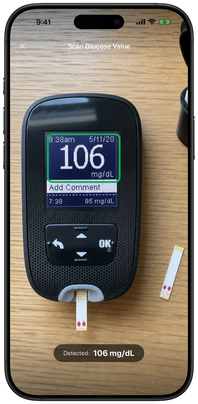 Gludiary's scanner pointed at a glucose meter, automatically detecting and capturing a reading of 106 mg/dL from the meter's display
