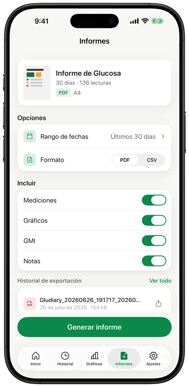 Pantalla de informes de Gludiary mostrando un Informe de Glucemia de 30 días, un selector de formato PDF o CSV, e interruptores para incluir lecturas, gráficos, GMI y notas
