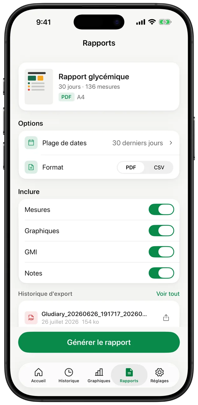 Écran de rapports Gludiary affichant un rapport de glycémie sur 30 jours, un sélecteur de période, une bascule de format PDF ou CSV, et des options pour inclure mesures, graphiques, GMI et notes
