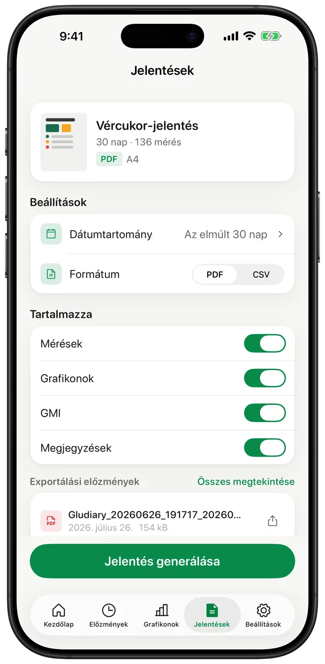 Gludiary jelentések képernyő: 30 napos Vércukor-jelentés kártya, dátumtartomány-választó, PDF vagy CSV formátumváltó, valamint kapcsolók a mérések, diagramok, GMI és jegyzetek belefoglalásához, és a Jelentés generálása gomb