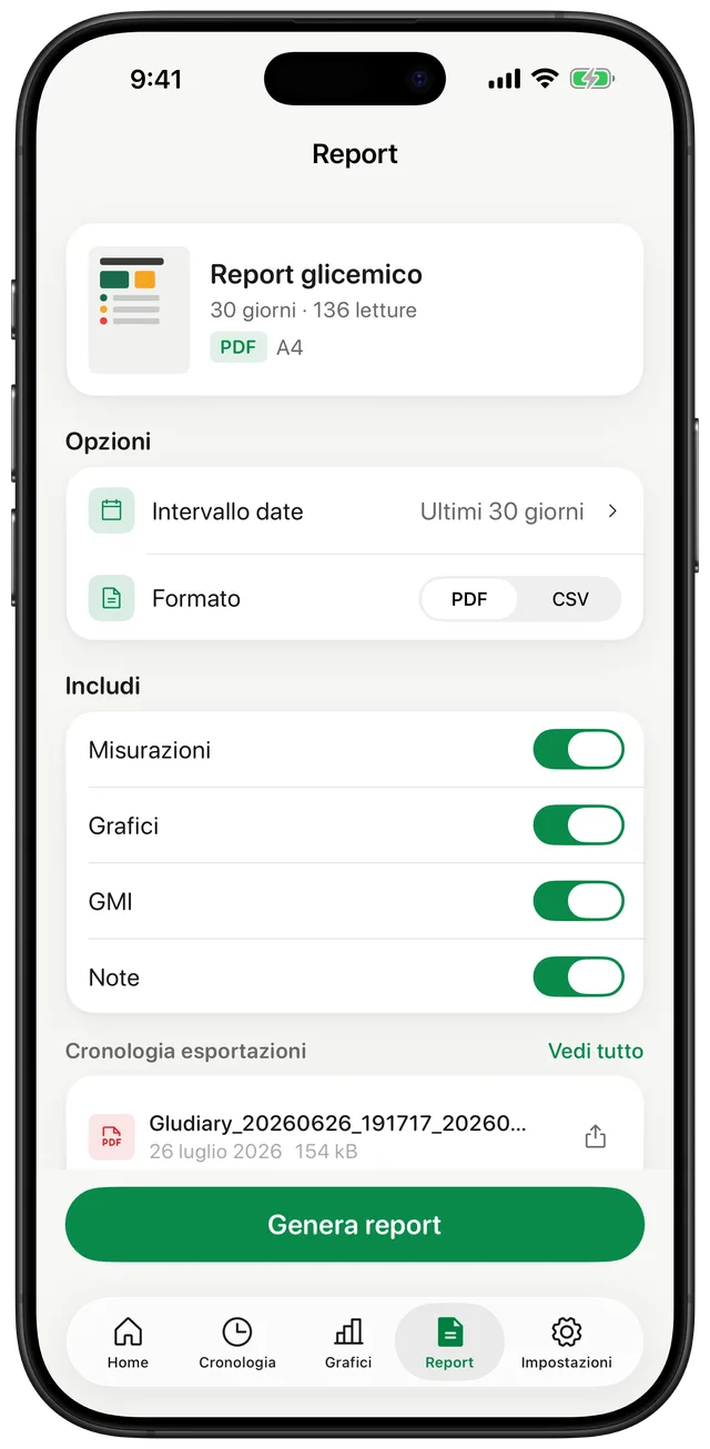 Schermata referti di Gludiary con un referto glicemia su 30 giorni, selettore del periodo, interruttore formato PDF o CSV e opzioni per includere misurazioni, grafici, GMI e note