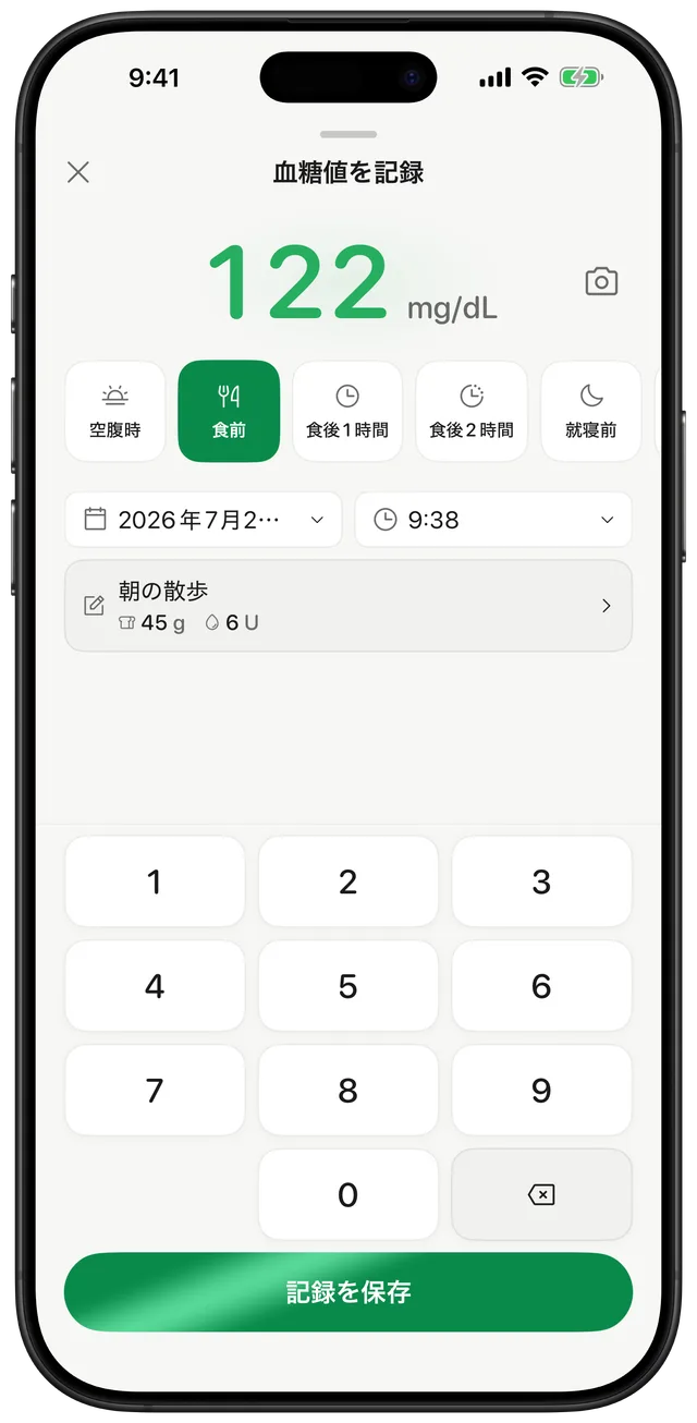 Gludiaryの記録追加画面。大きなボタンのテンキーで122 mg/dLを入力、カメラでのスキャン切り替え、食事コンテキストのタグチップ、日付・時刻の選択、炭水化物45gとインスリン6単位のメモアイコン、保存ボタンを表示