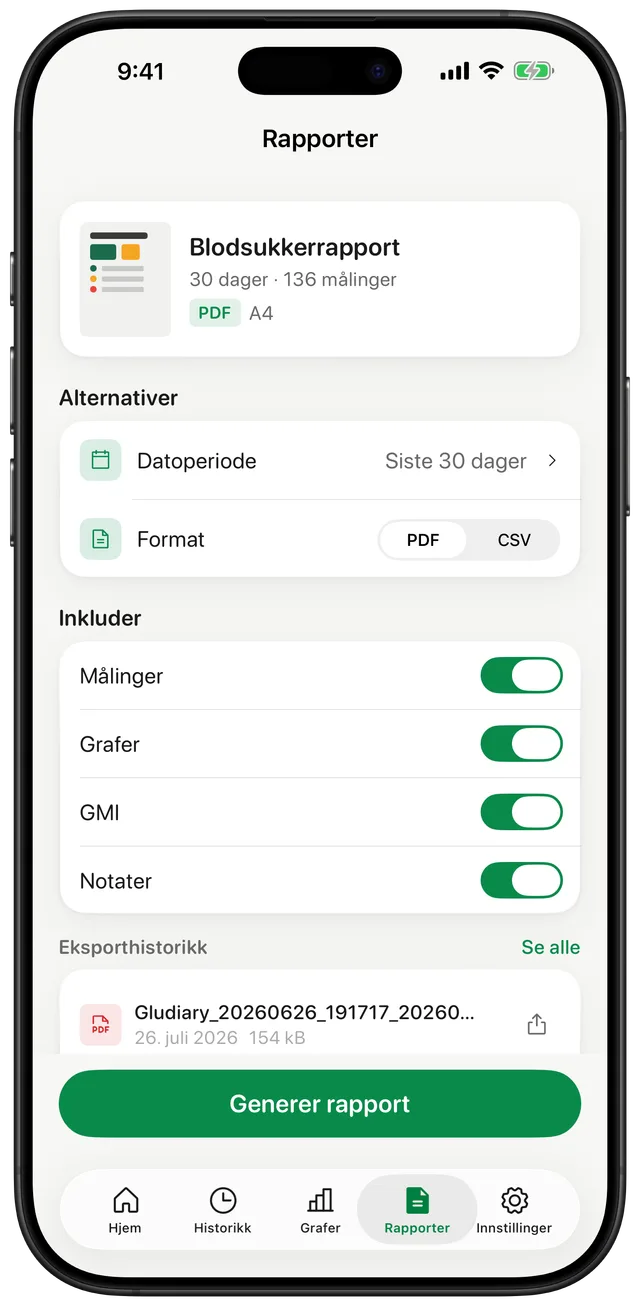 Gludiary-rapportskjerm med en blodsukkerrapport over 30 dager, en dato-velger, en PDF- eller CSV-bryter og valg for å inkludere målinger, diagrammer, GMI og notater