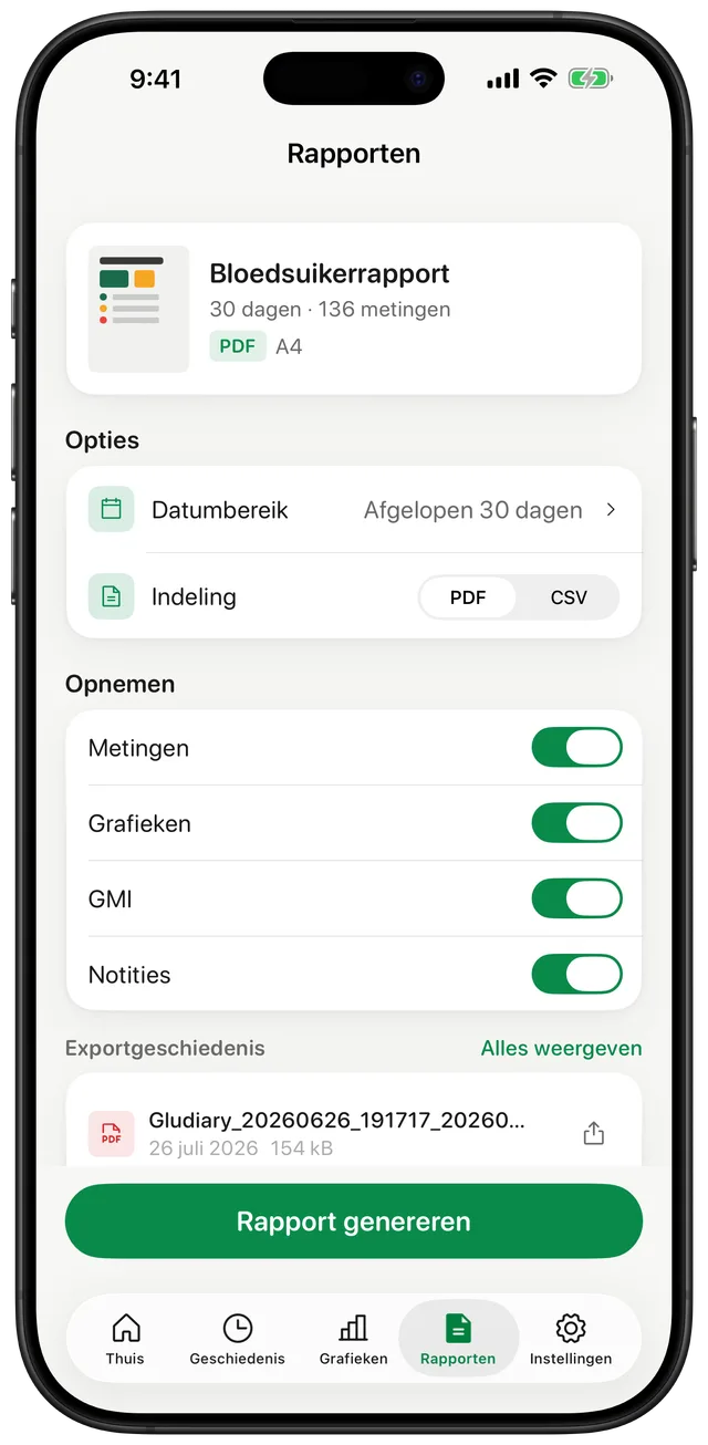 Gludiary rapportenscherm met een bloedsuikerrapport over 30 dagen, een PDF/CSV-formaatkeuze en schakelaars om metingen, grafieken, GMI en notities op te nemen
