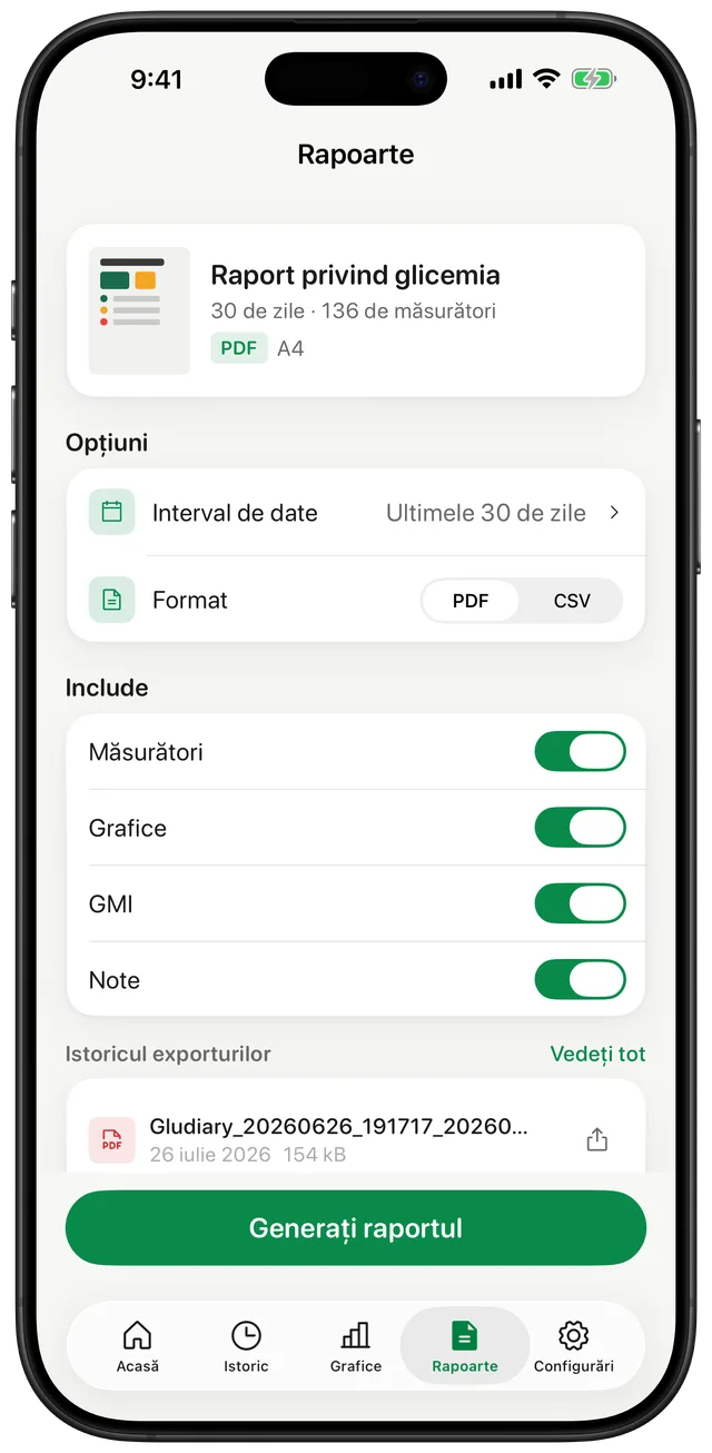 Ecranul de rapoarte Gludiary cu un Raport de Glicemie pe 30 de zile, un selector de interval de date, un comutator pentru formatul PDF sau CSV și comutatoare pentru a include valori, grafice, GMI și note