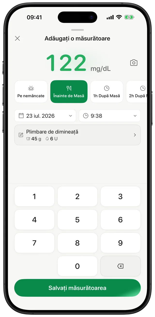 Ecranul de adăugare a unei valori în Gludiary cu o tastatură mare cu butoane pentru introducere manuală (122 mg/dL), o comandă rapidă pentru cameră, cipsuri de context al mesei, selectoare de dată și oră și pictograme pentru carbohidrați și insulină în câmpul de notă