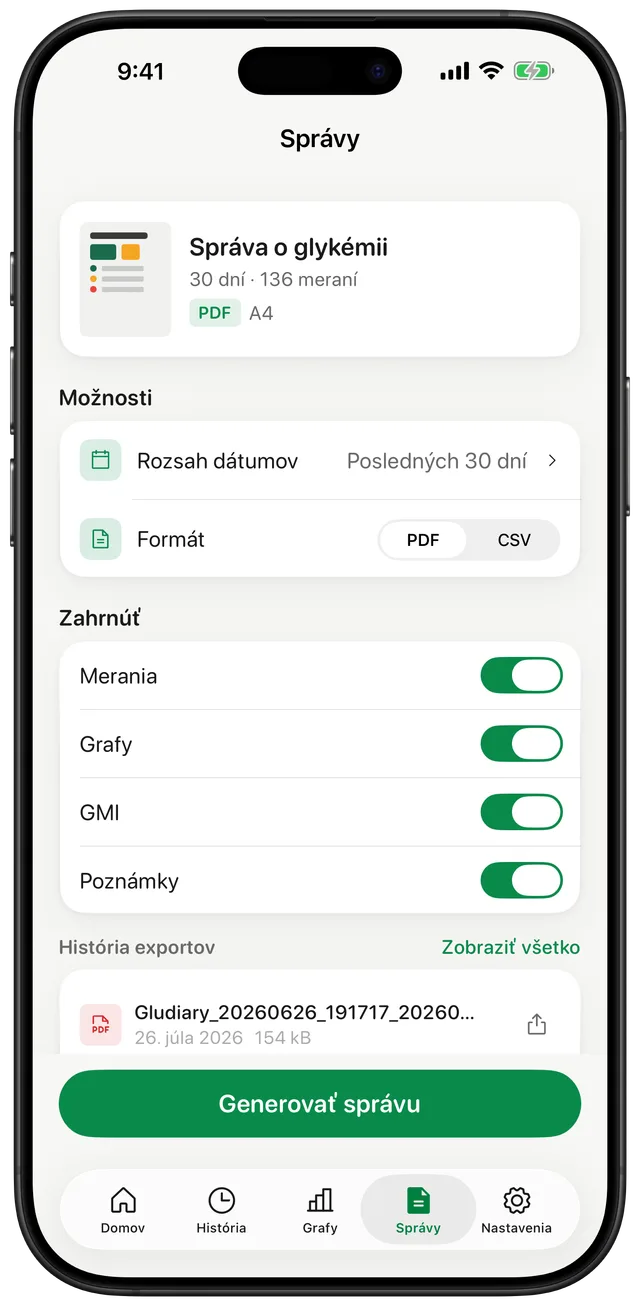 Obrazovka správ Gludiary zobrazujúca správu o glykémii za 30 dní, výber časového obdobia, prepínač formátu PDF alebo CSV a prepínače pre zahrnutie meraní, grafov, GMI a poznámok